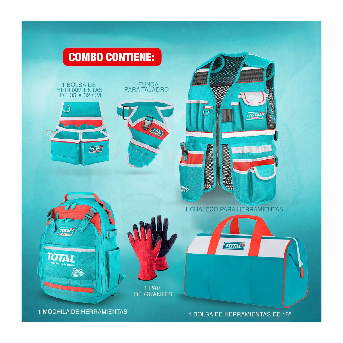 TOTAL TOOLS - SET X5 MOCHILA +MALETA +PORTA TALADRO HERRAMIENTA +GUANTES