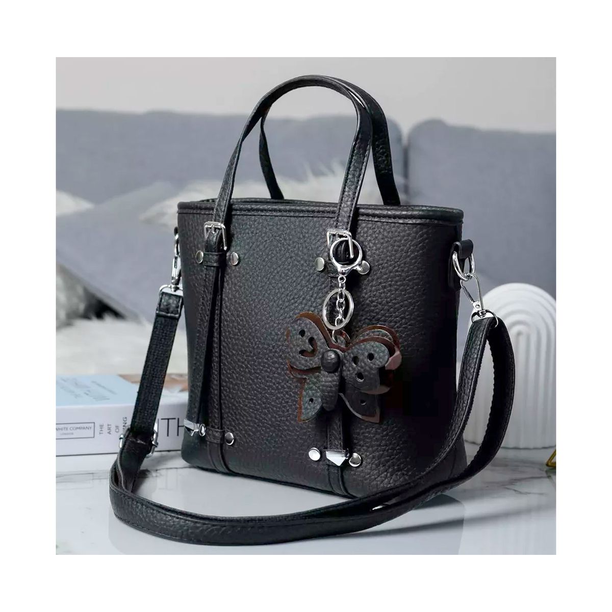 OEM - Cartera Morral 2en1 Negro con Llavero Mariposa
