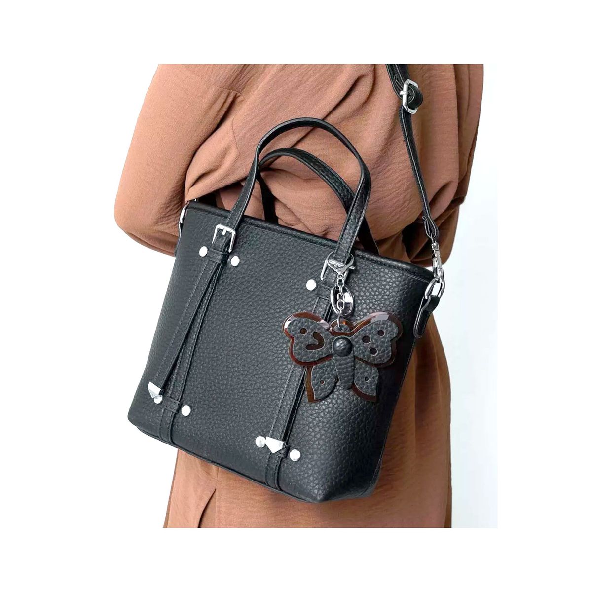 OEM - Cartera Morral 2en1 Negro con Llavero Mariposa