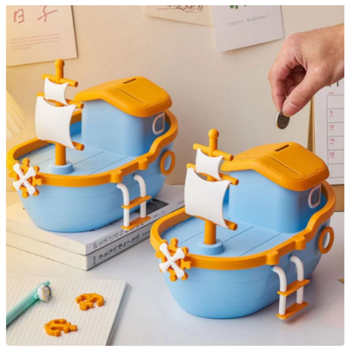 GENERICO - Alcancía para niños modelo barco armable con llave por 2 unidades