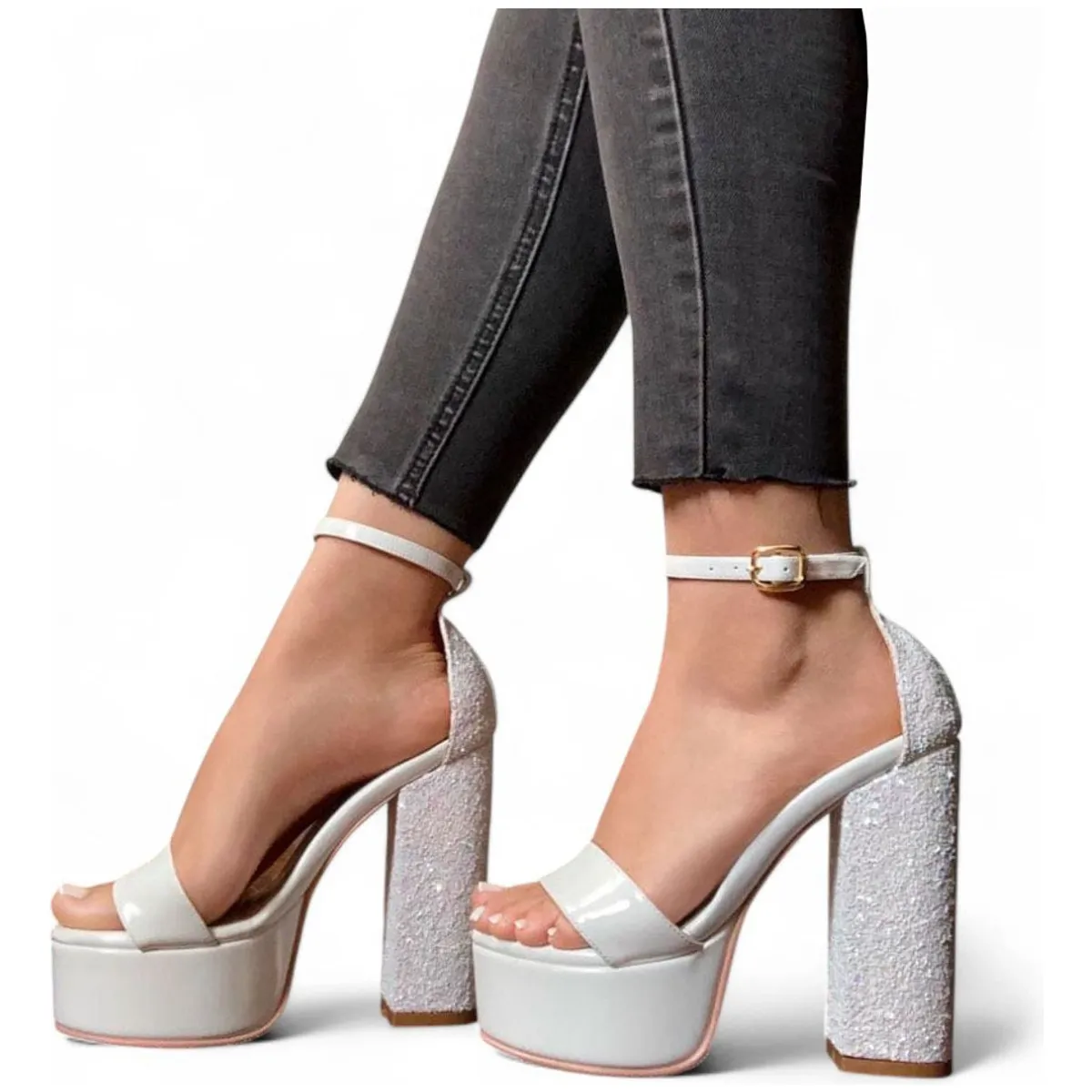 GENERICO - Sandalia Mujer Escarcha Taco 12 2086L-75 Color Blanco