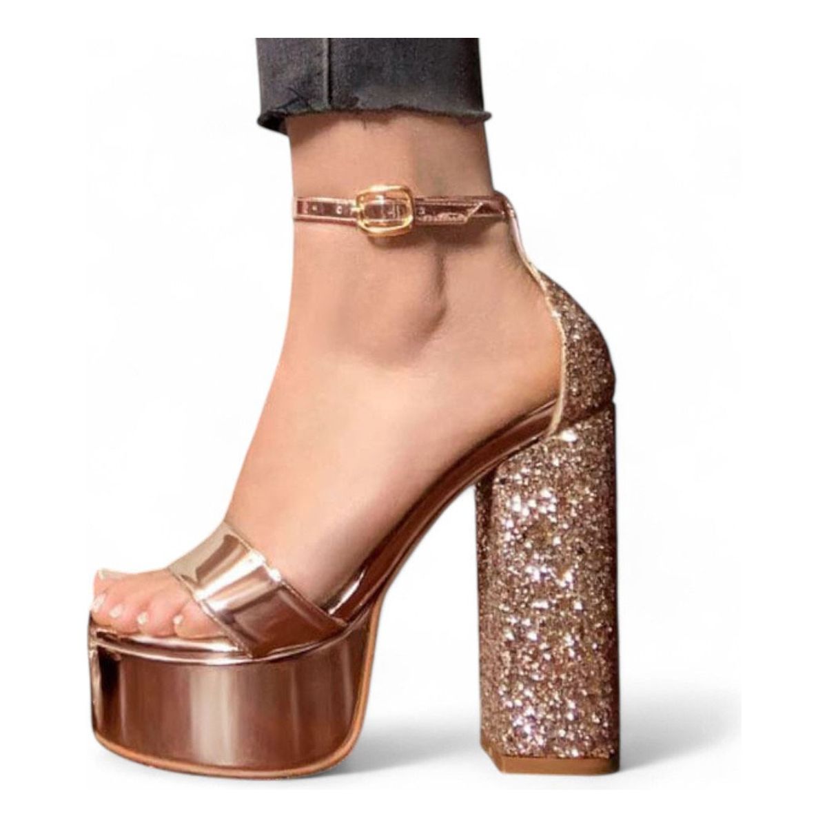 GENERICO - Sandalia Mujer Escarcha Taco 12 2086L-75 Color Dorado