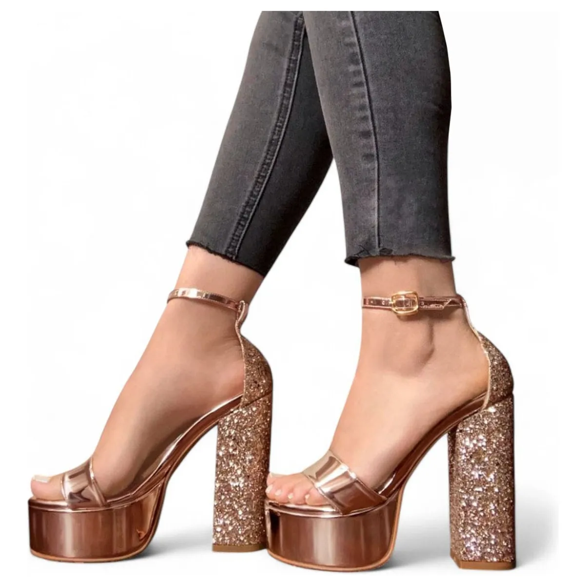 GENERICO - Sandalia Mujer Escarcha Taco 12 2086L-75 Color Dorado