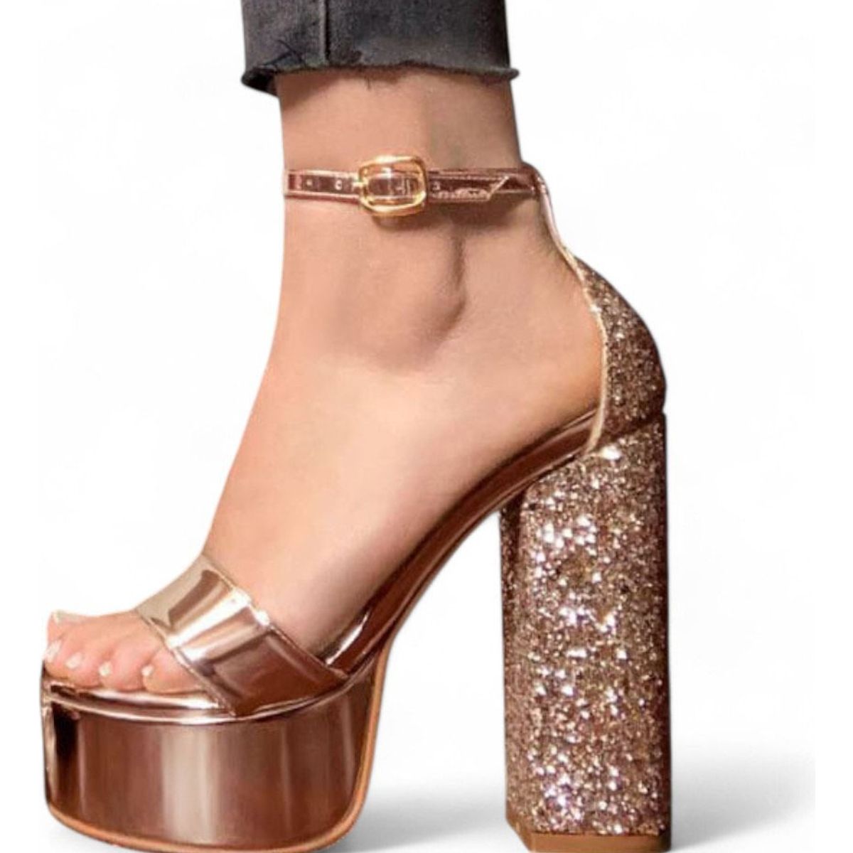 GENERICO - Sandalia Mujer Escarcha Taco 12 2086L-75 Color Dorado