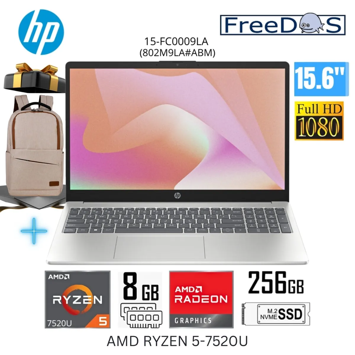 HP - Laptop HP 15-FC0009LA AMD Ryzen 5-7520U 8GB RAM 256GB SSD 15.6"   FHD + Regalo