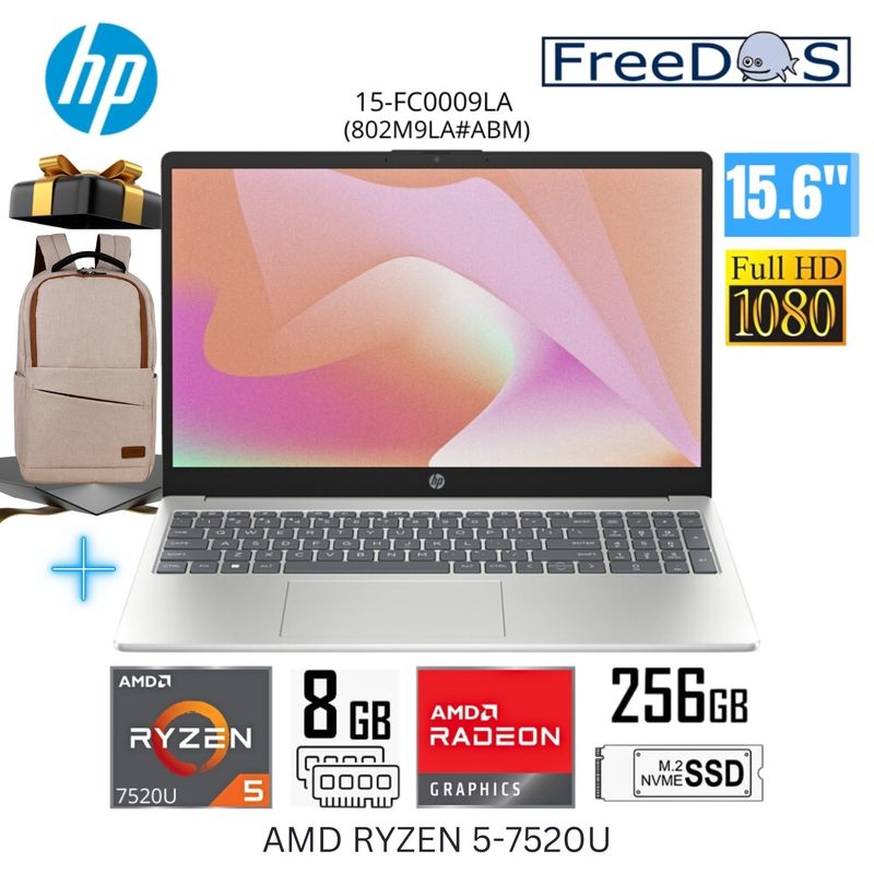HP - Laptop HP 15-FC0009LA AMD Ryzen 5-7520U 8GB RAM 256GB SSD 15.6"   FHD + Regalo