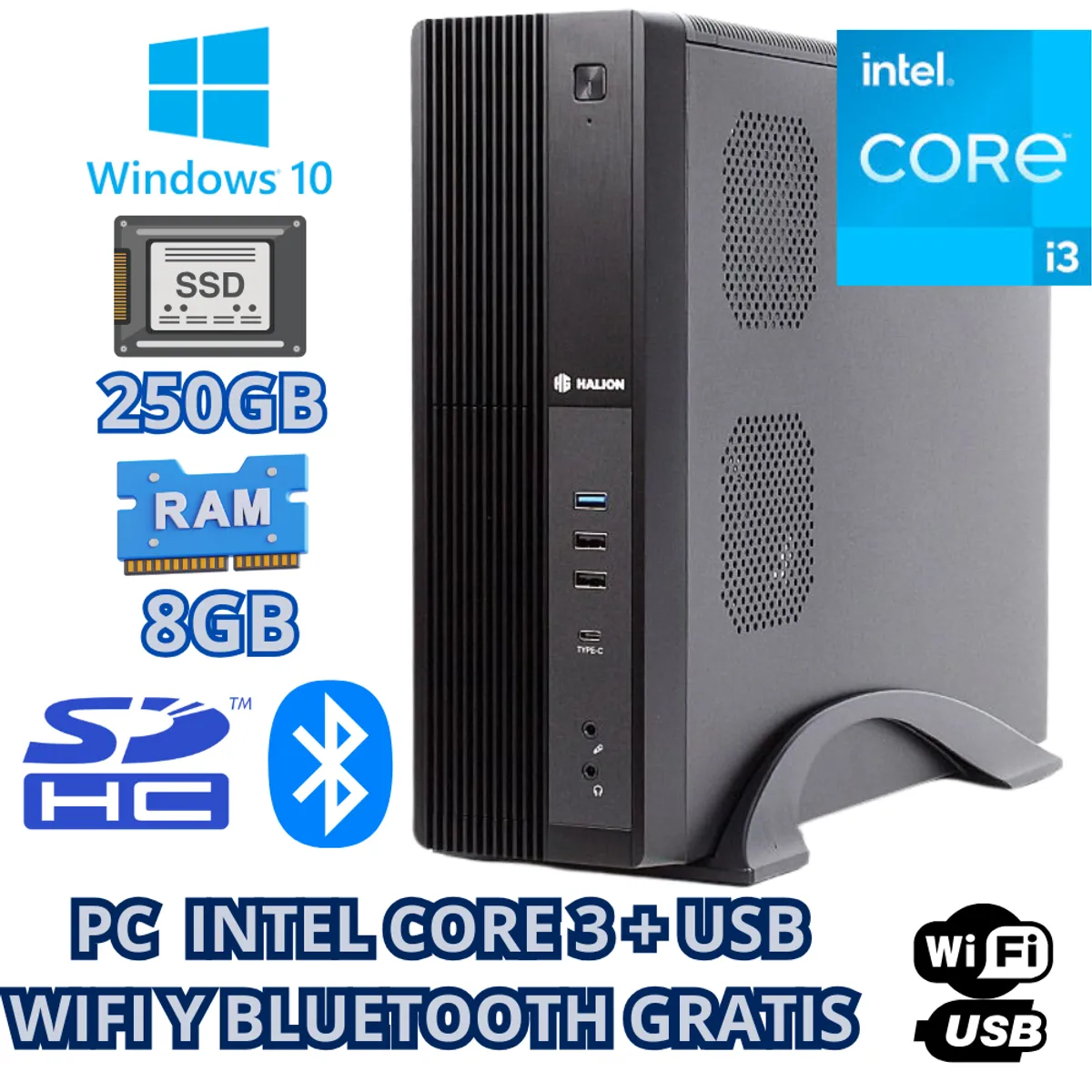 INTEL - COMPUTADORA PC DE OFICINA INTEL CORE 3 SSD 240GB RAM 8GB + WIFI Y BLUETOOTH