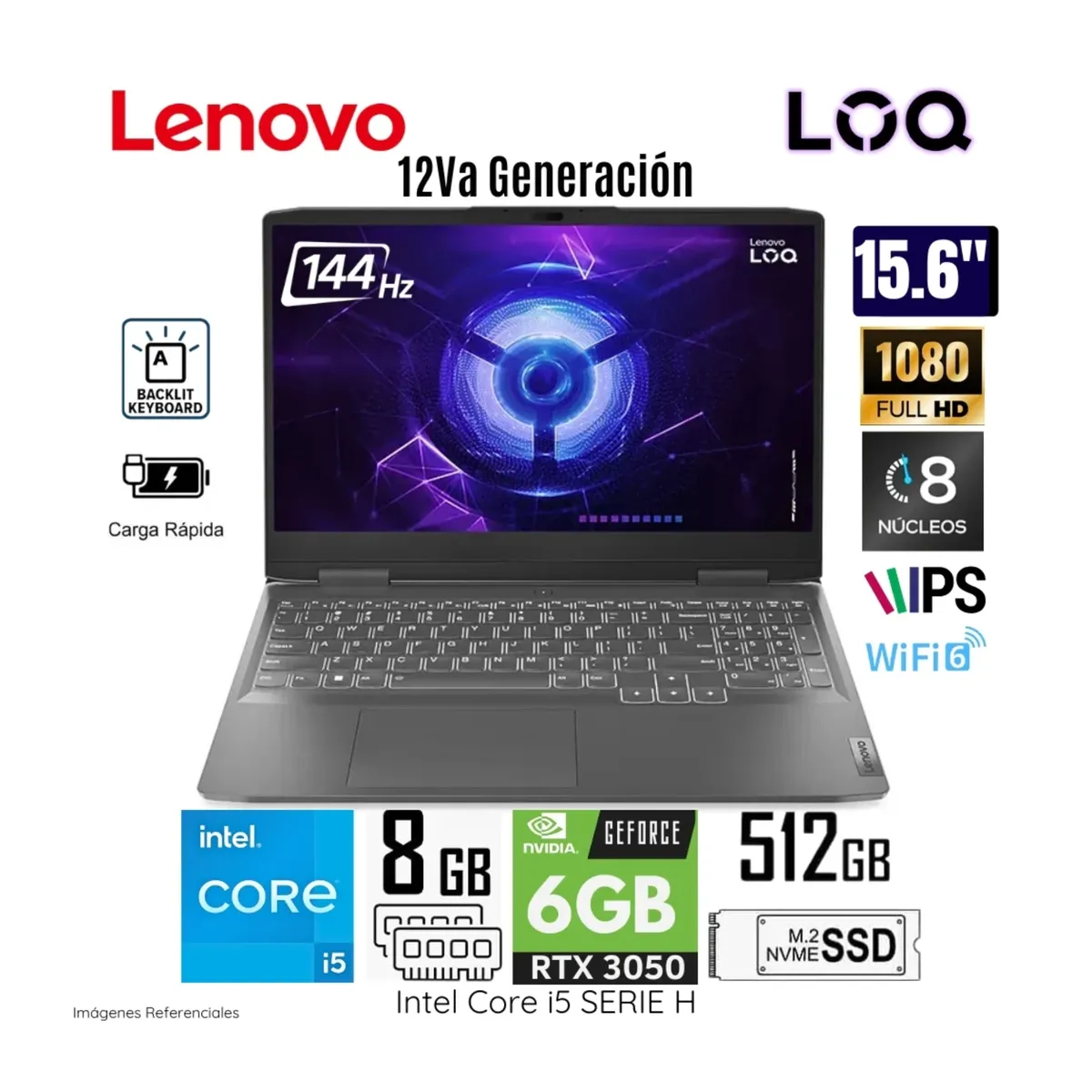LENOVO - LAPTOP LENOVO LOQ 15IRH8 INTEL CORE I5 12450H 8GB RAM 512GB SSD RTX3050-6GB 15.6 FHD 82XV00T8LM