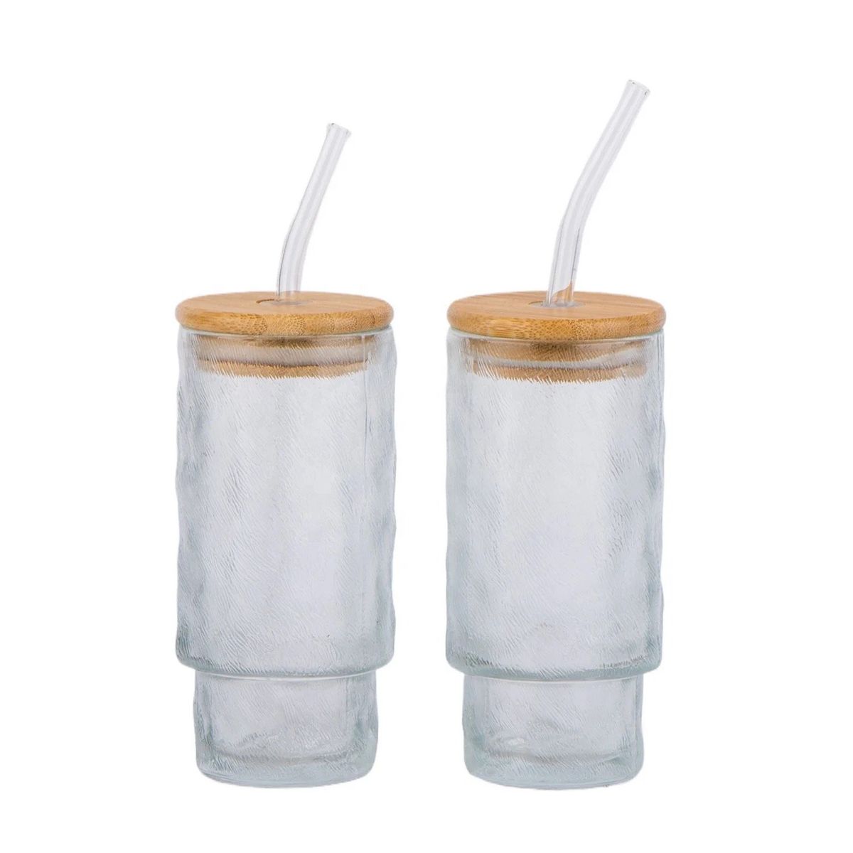 GENERICO - 2 VASOS GLACIAR CON TAPA DE BAMBU Y SORBETE DE VIDRIO 500ML