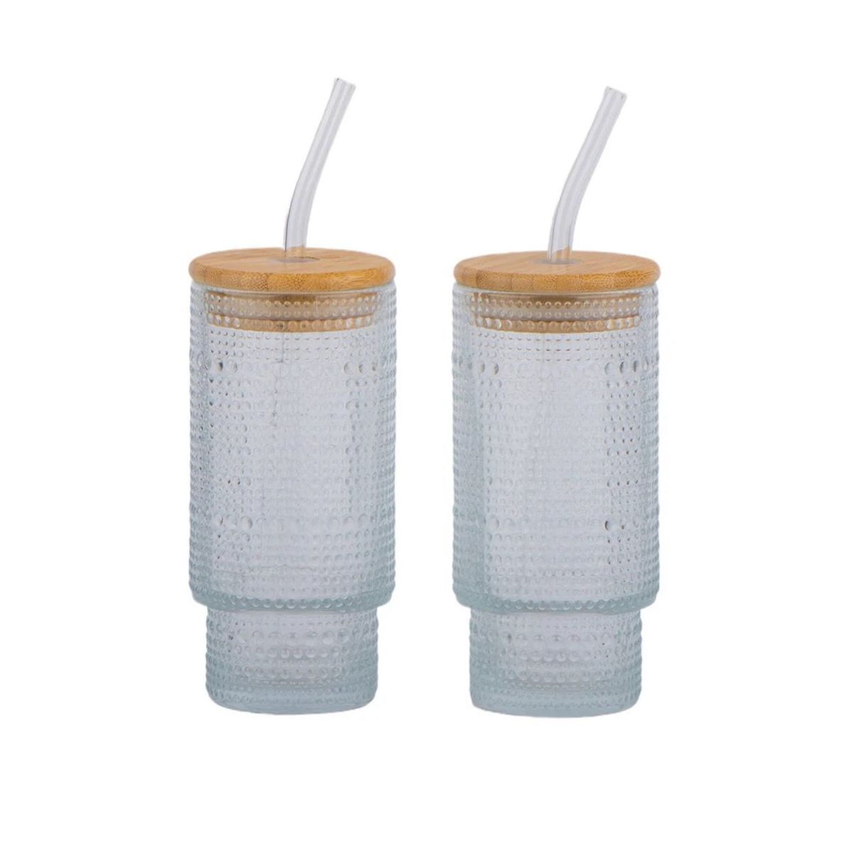 GENERICO - 2 VASOS VINTAGE CON TAPA DE BAMBU Y SORBETE DE VIDRIO 500ML