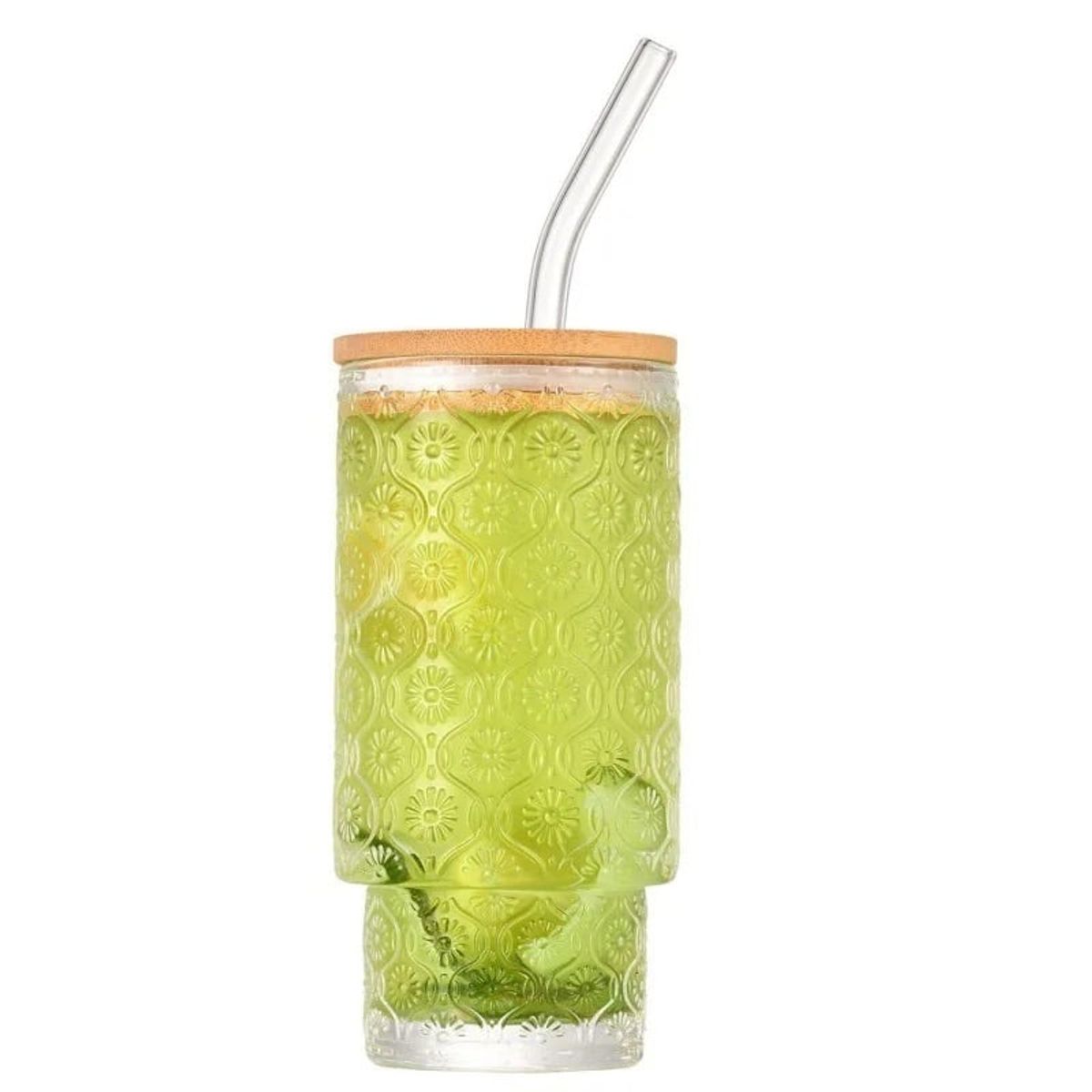 GENERICO - 2 VASOS BOHEMIA CON TAPA DE BAMBU Y SORBETE DE VIDRIO 500ML