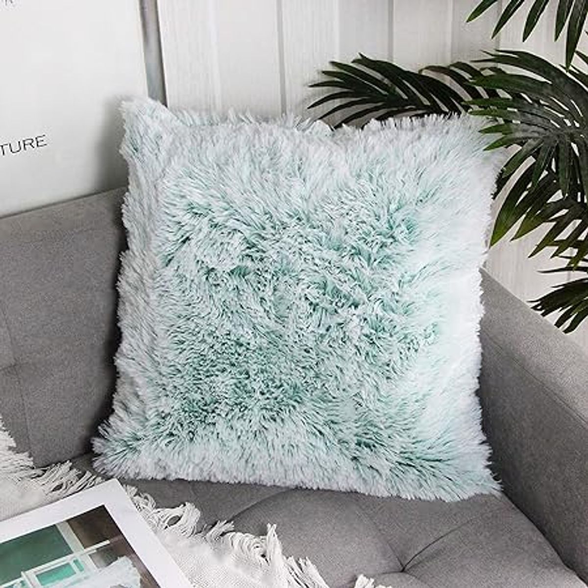 GENERICO - Pack de 2 Cojines de Peluche Pelo Largo 40x40cm Verde Jaspeado