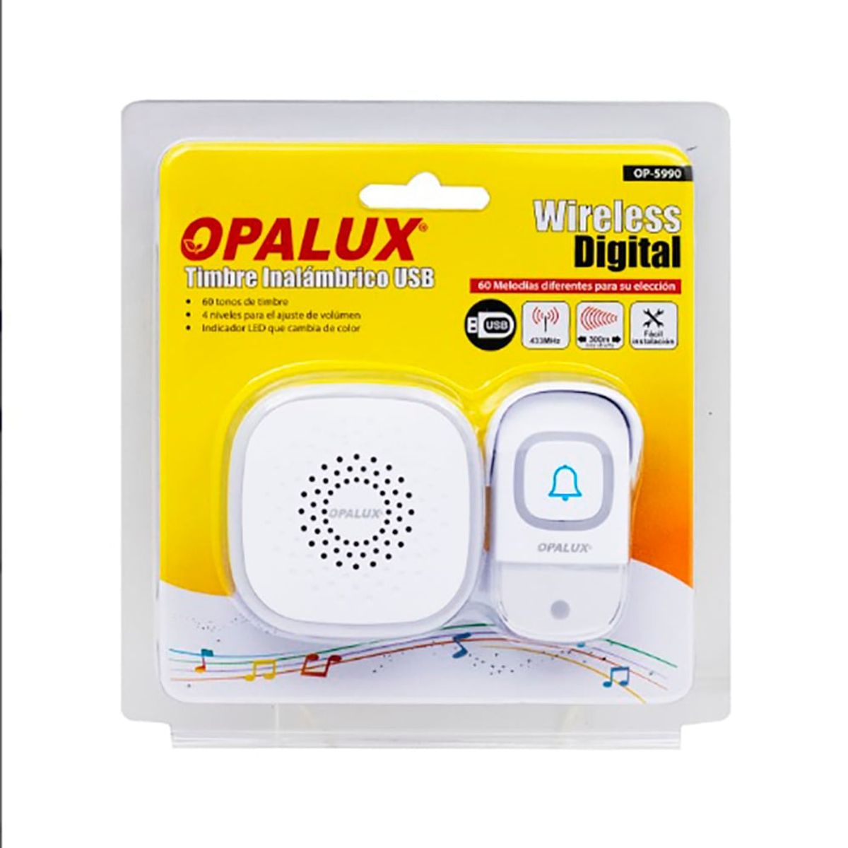 OPALUX - Timbre Inalámbrico Usb - Casa Negocio - 60 Melodías Luz Rgb