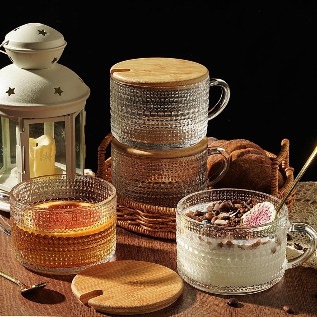 GENERICO - 4 TAZAS VINTAGE DE VIDRIO CON TAPA DE BAMBU Y CUCHARITA 350ML