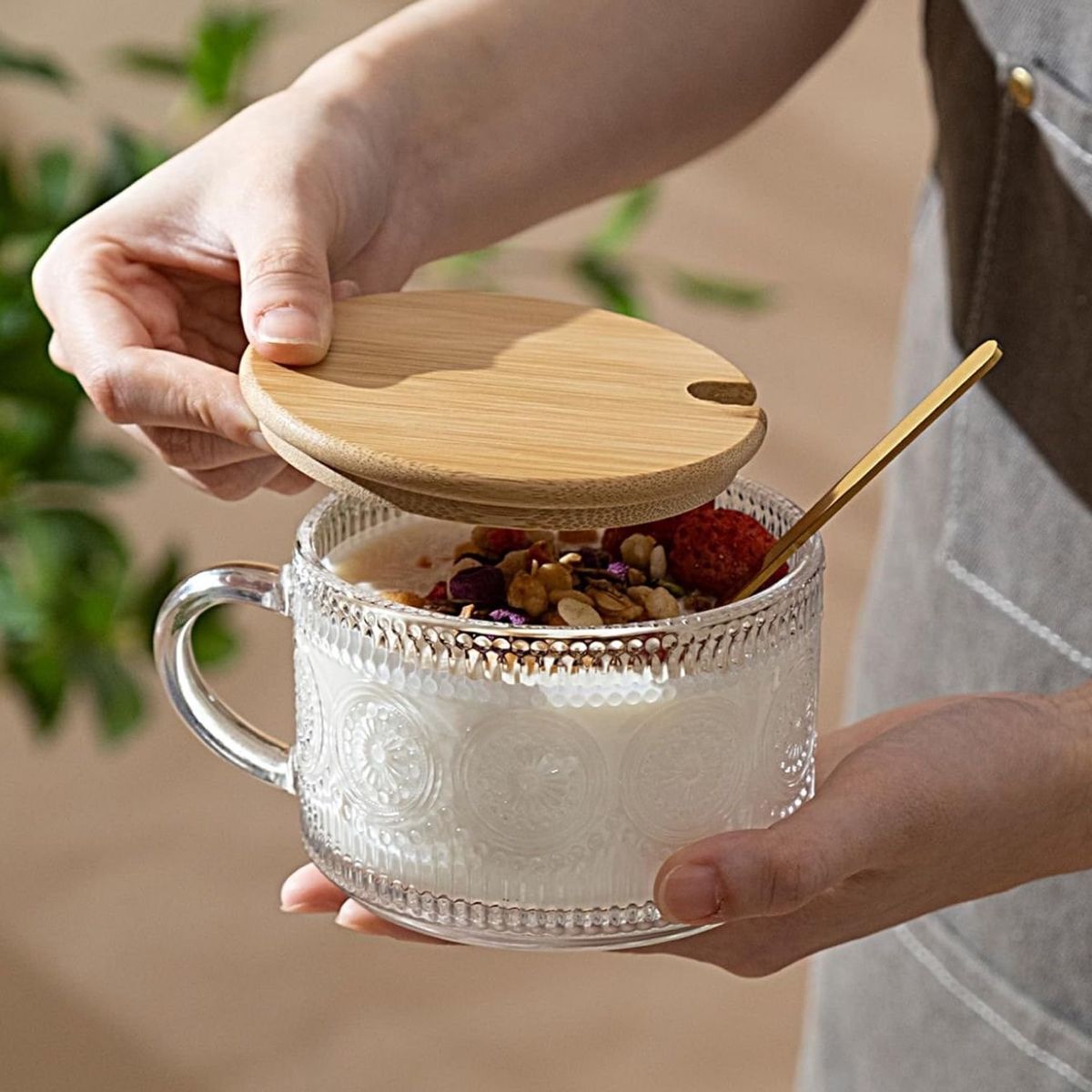 GENERICO - 4 TAZAS BOHEMIA DE VIDRIO CON TAPA DE BAMBU Y CUCHARITA 350ML