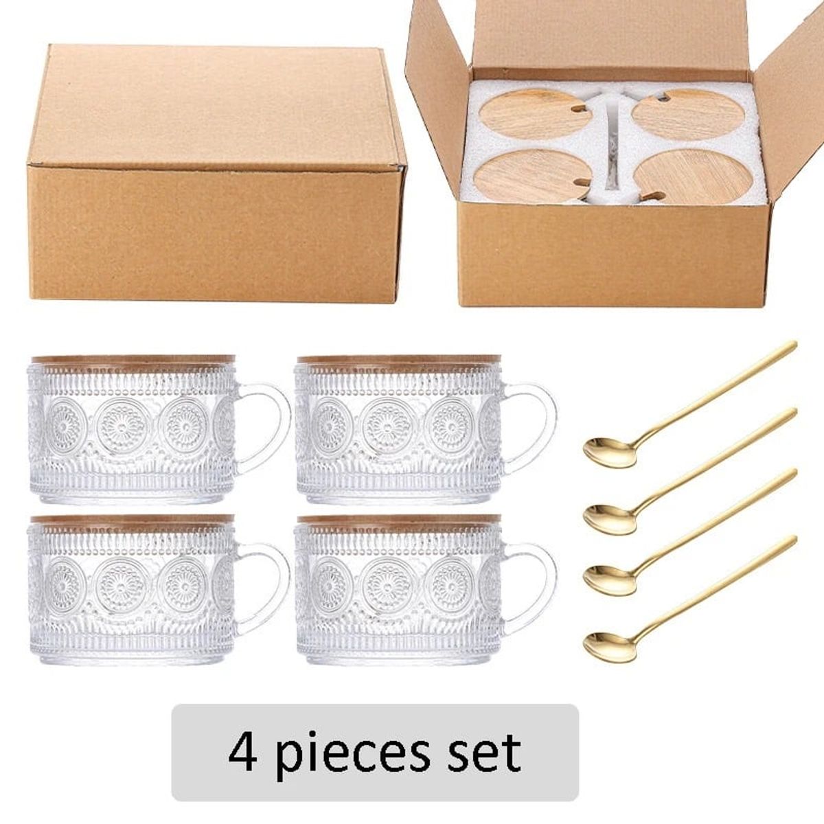 GENERICO - 4 TAZAS BOHEMIA DE VIDRIO CON TAPA DE BAMBU Y CUCHARITA 350ML