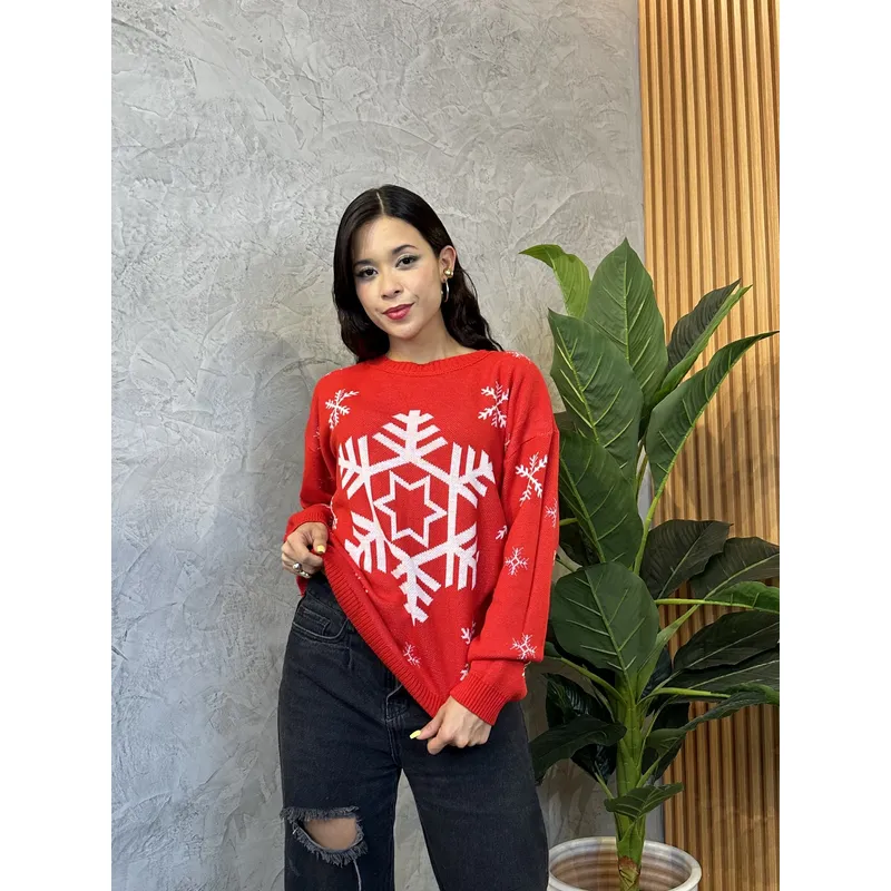 GENERICO - Chompa Mujer copo de Nieve Navidad - Rojo