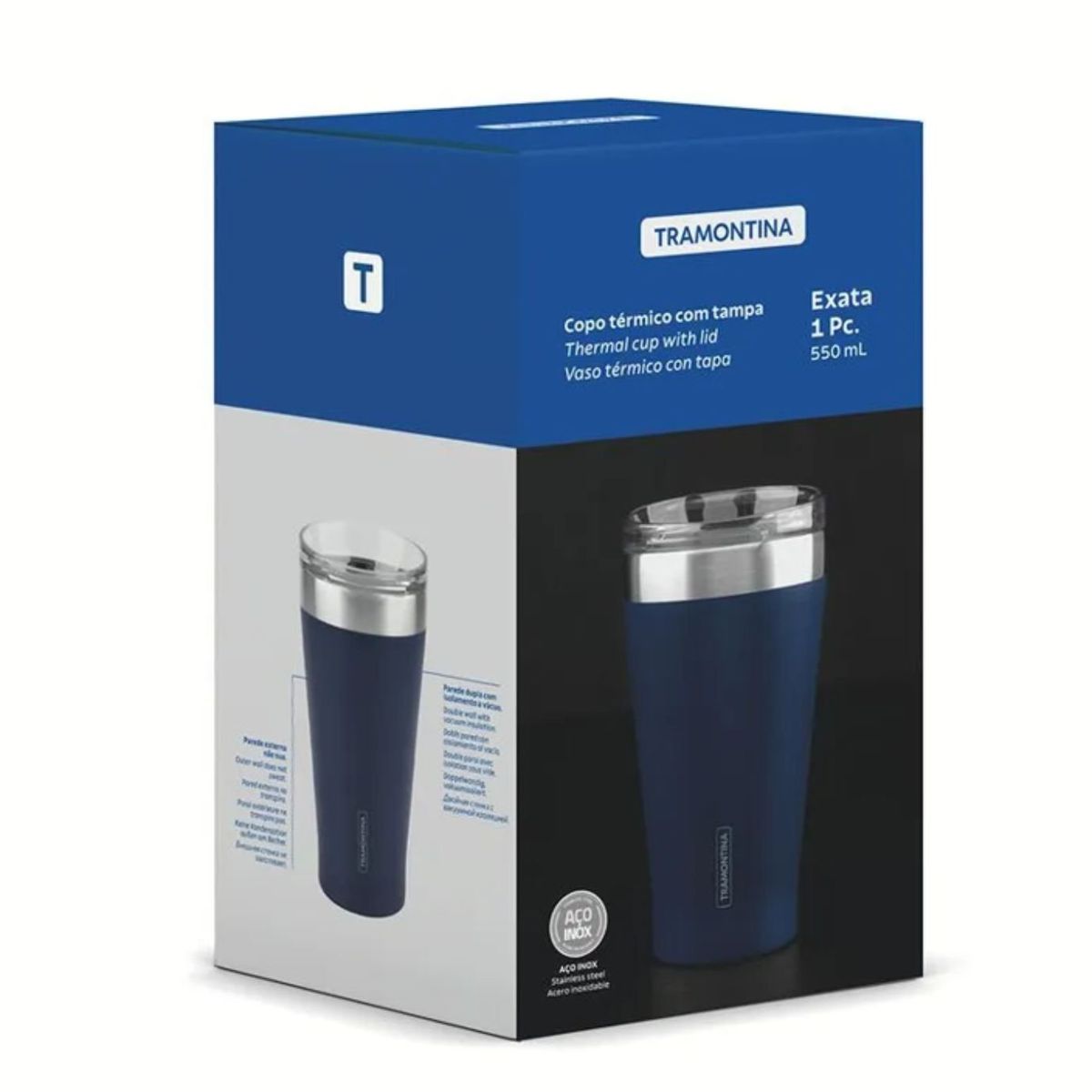TRAMONTINA - Vaso Térmico de Acero con tapa 500 ml Azul Exata - Tramontina