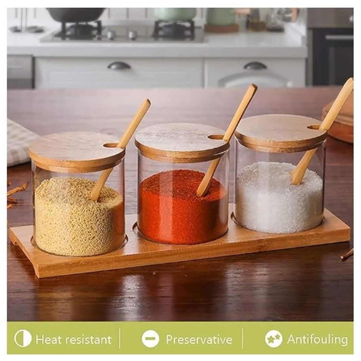 GENERICO - Set x 3 Frascos Vidrio c/ Tapa, Cucharita y Base de Bambú.