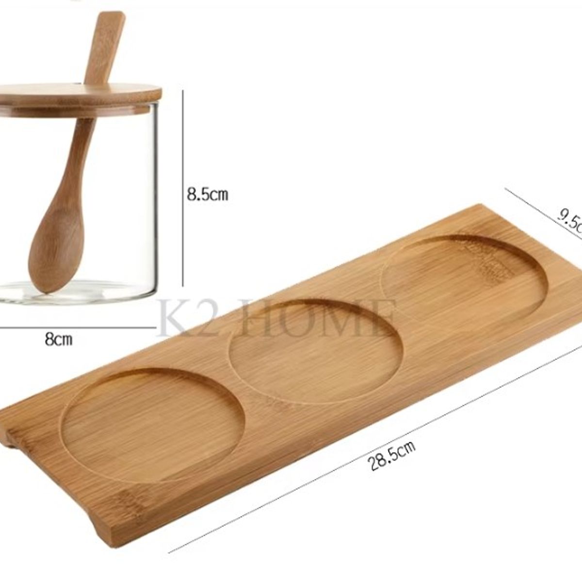 GENERICO - Set x 3 Frascos Vidrio c/ Tapa, Cucharita y Base de Bambú.