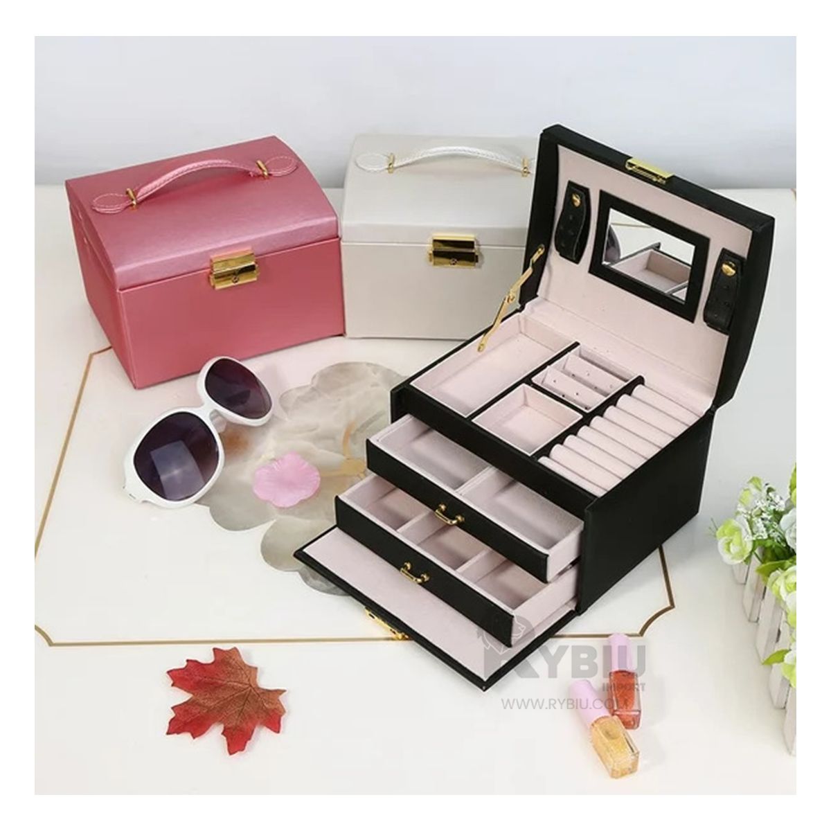 RYBIU IMPORT - Estuche Cuero Almacenamiento Joyas de Negro Y+Stickers