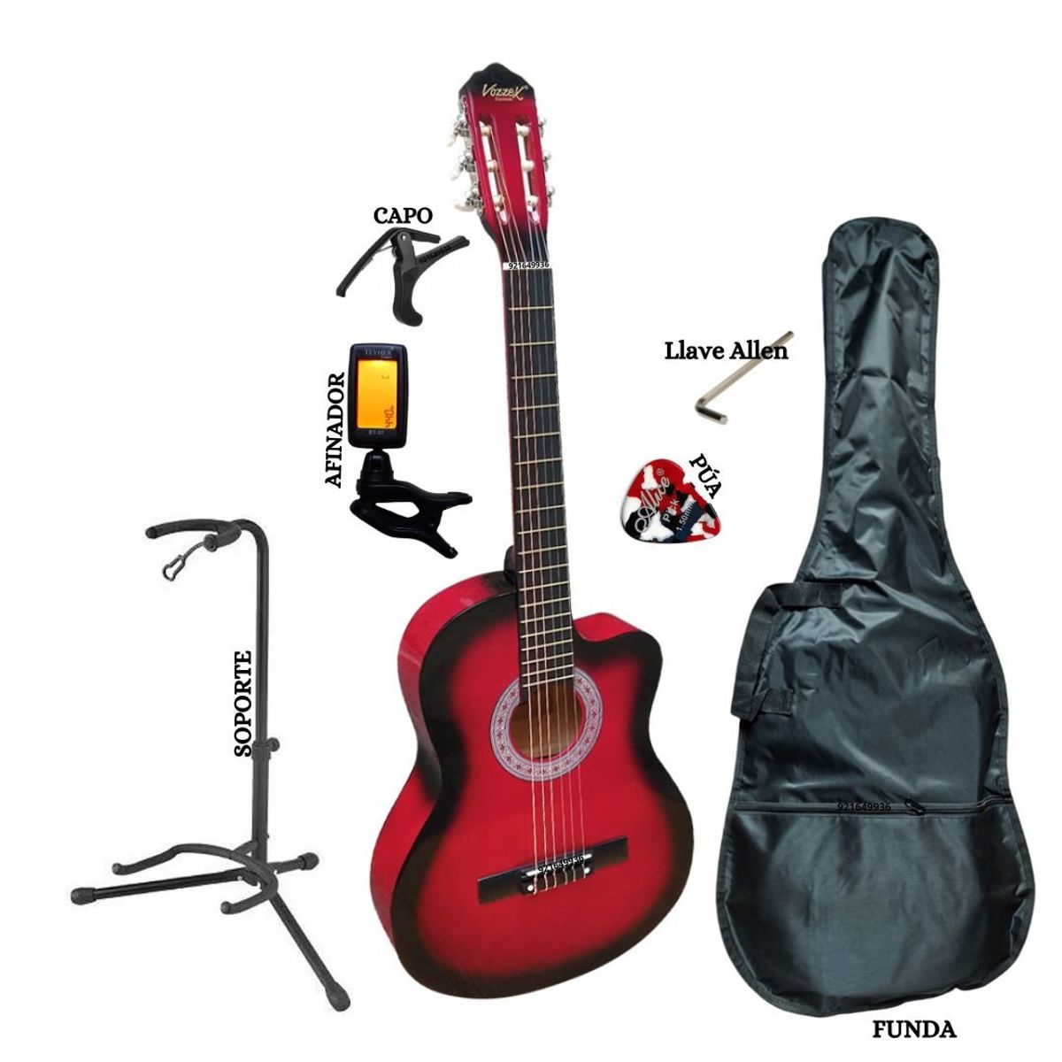 VOZZEX - Pack Guitarra Acústica nylon Color Rojo