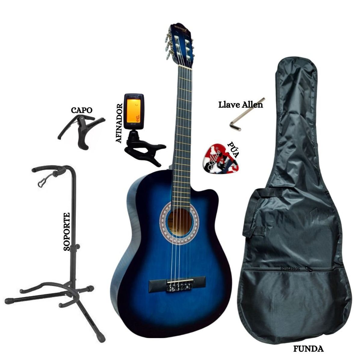 GENERICO - Pack Guitarra Acústica Nylon Color Azul Turquesa