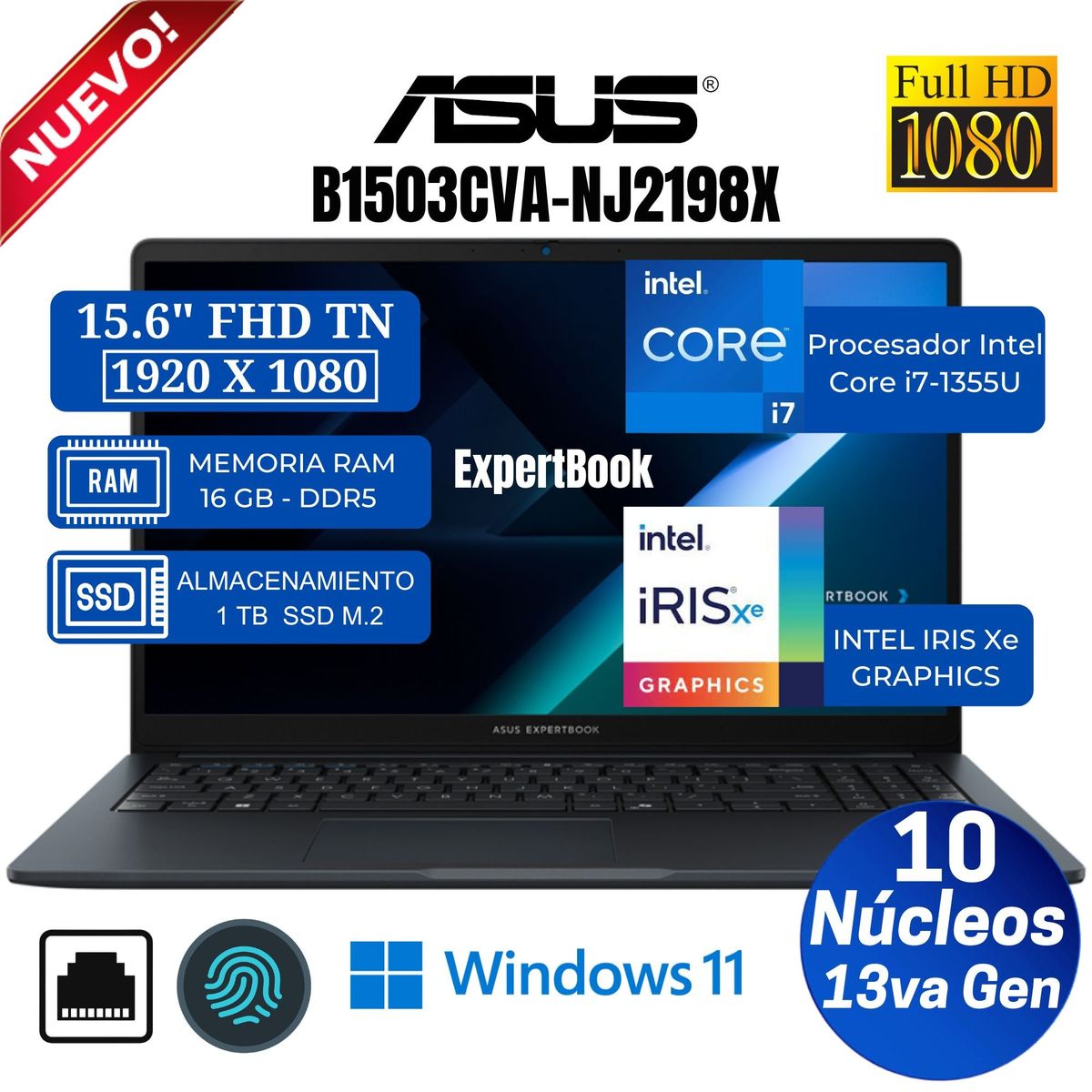 ASUS - Laptop ASUS ExpertBook B1503CVA-NJ2198X 15.6" FHD, Intel Core i7-1355U, Ram 16GB, Ssd 1TB, Win 11