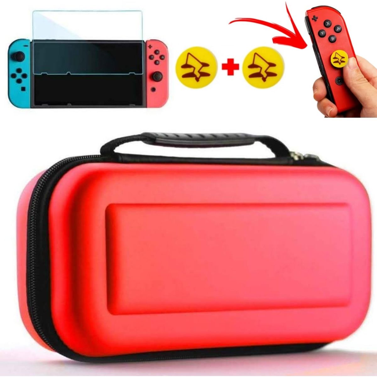 GENERICO - Mica + Estuche Protector case Para Nintendo Switch  - ROJO