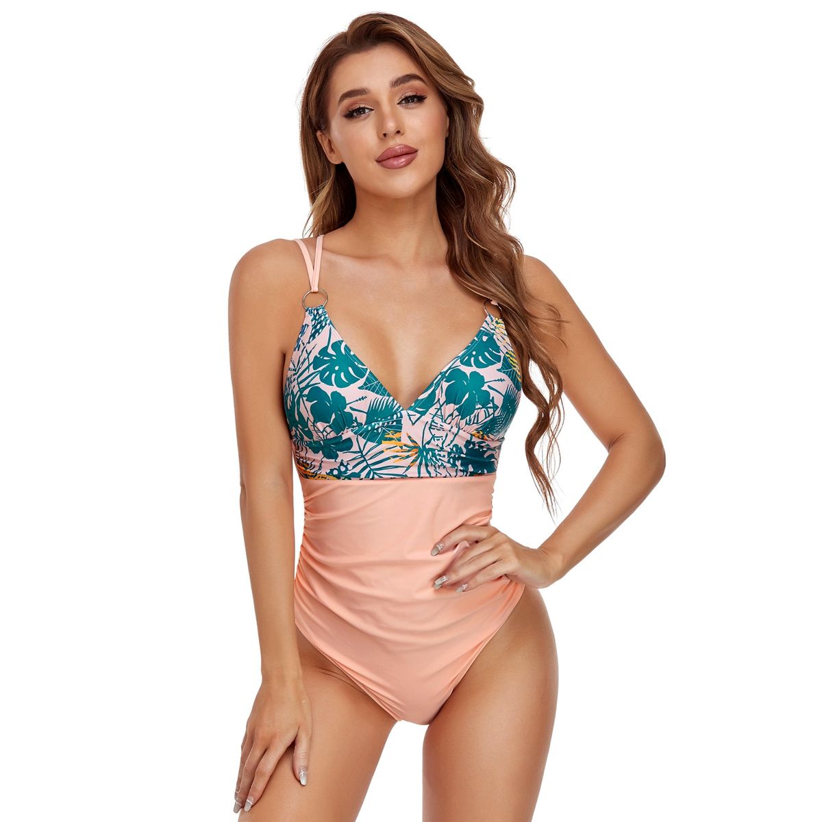 GENERICO - traje de baño  entero con tirantes y diseño de hojas