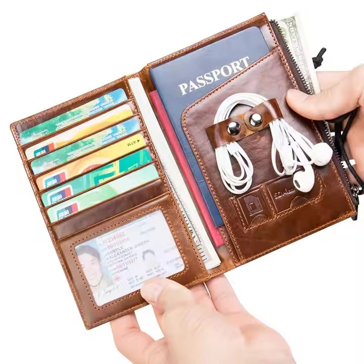 GENERICO - Cartera Billetera de Mano de Cuero Genuino con Cuerda