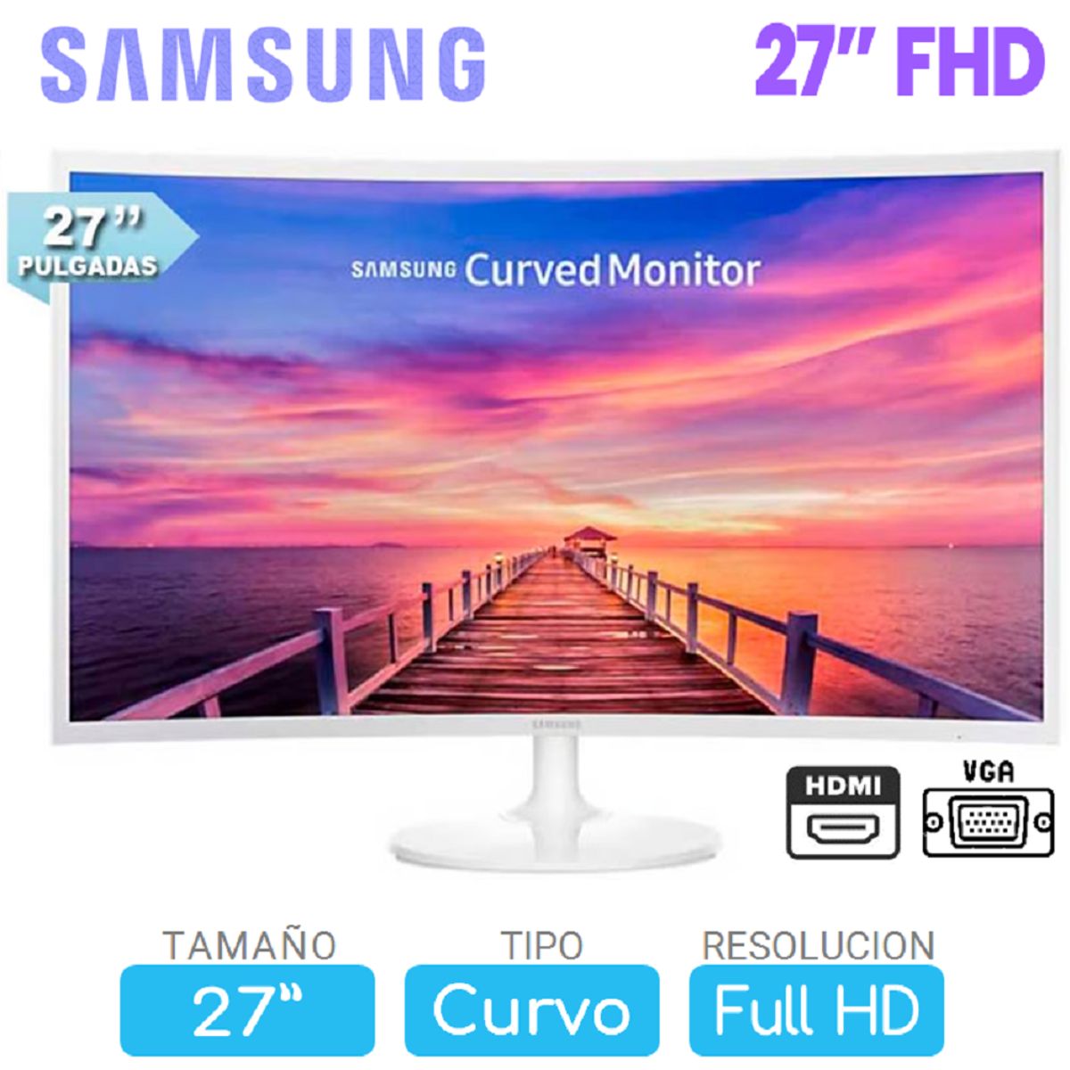 SAMSUNG - Monitor Curvo samsung 27 Pulgadas FHD, HDMI y VGA, 60Hz LC27F391FHNXZA
