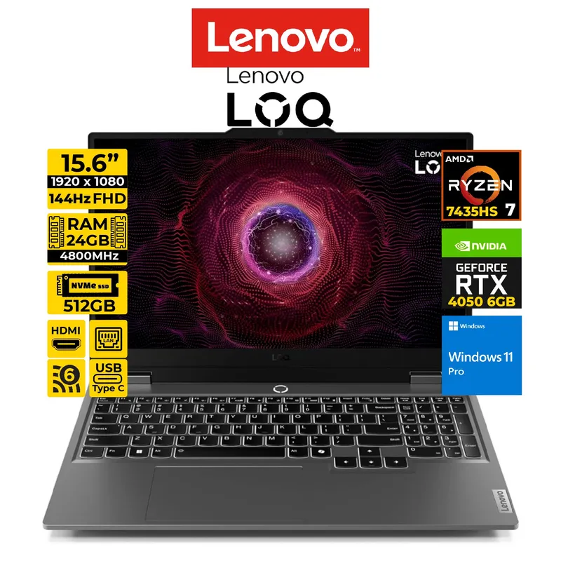 LENOVO - LAPTOP LENOVO LOQ 15ARP9 AMD RYZEN 7-7435HS 24GB 512GB 15.6" FHD 144HZ RTX 4050 6GB