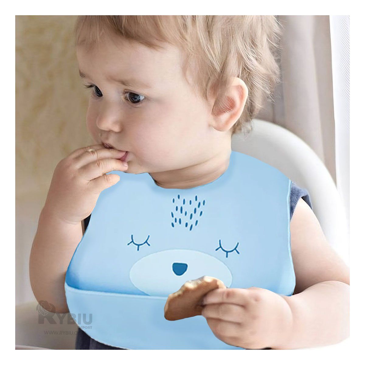 RYBIU IMPORT - Babero Infantil de Silicona en Celeste Y+Papel de Regalo