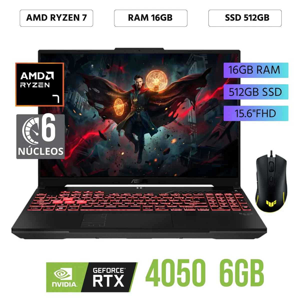 ASUS - Laptop Asus A16  AMD Ryzen 7 7445HS, 16" WUXGA, Ram 16Gb, 512Gb SSD, RTX 4050 6 Gb, FreeDos