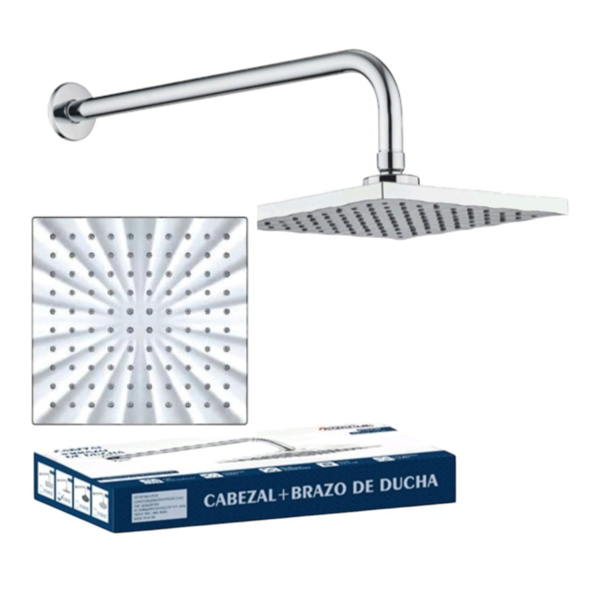 GENERICO - Cabeza Ducha Española Cuadrado ABS 20cm con Brazo de 35cm Acero