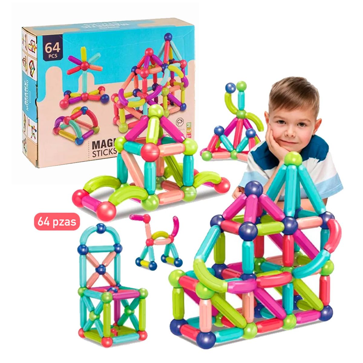 GENERICO - Juego de Bloques Magneticos Sticks 64 pzas