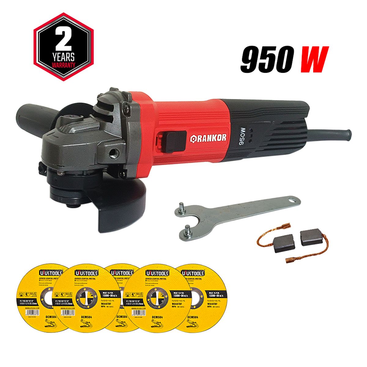 RANKOR - Amoladora Esmeril Angular Industrial 4 1/2" Rankor RAG950401 950W 11000rpm + 5 Discos Corte Metal