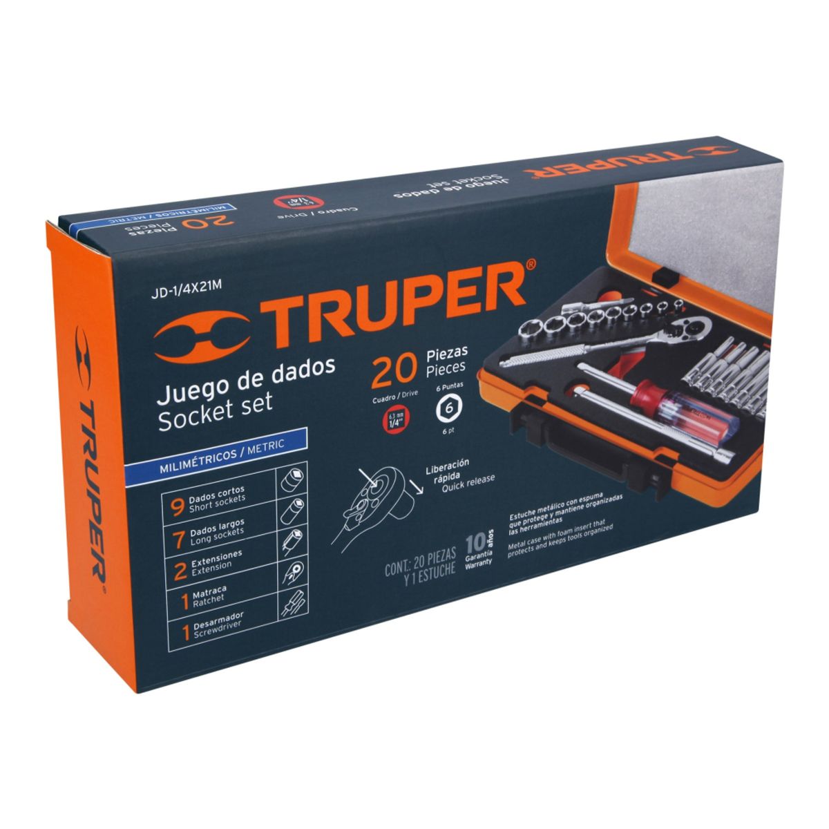 TRUPER - JUEGO DE 20 HERRAMIENTAS CUADRO 1/4" MM PARA MECÁNICO TRUPER 13981