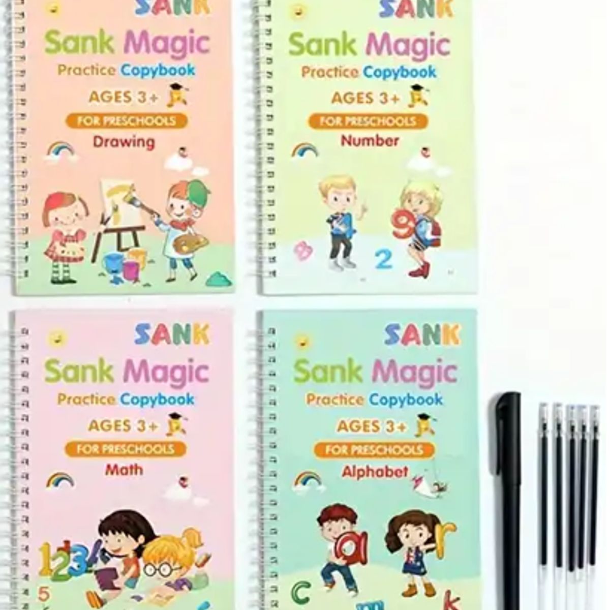 GENERICO - Set de 4 libros Magicos, caligrafía reutilizable para niños