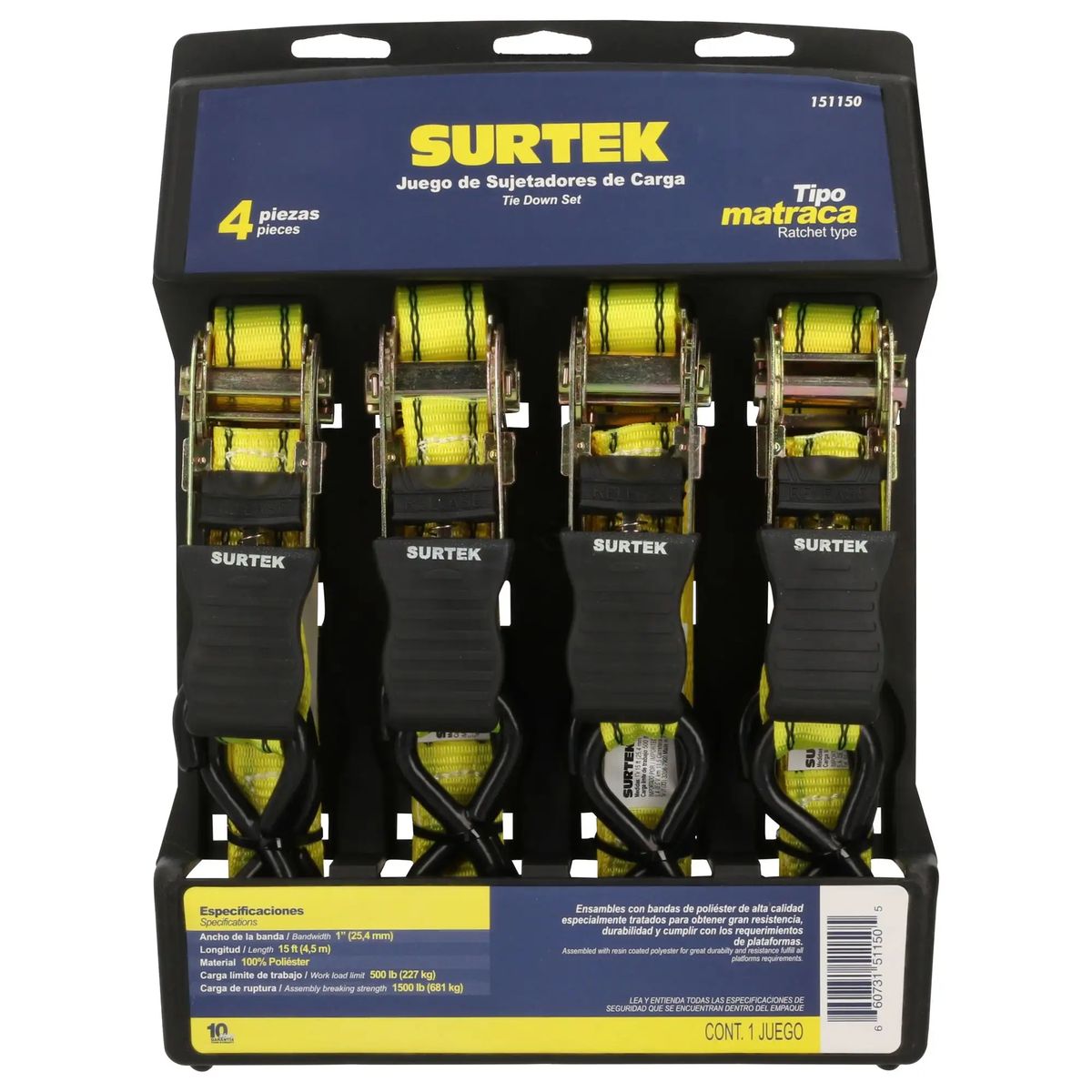 SURTEK - JUEGO DE 4 SUJETADORES  1" x 4.5 Mts. TIPO MATRACA - SURT151150