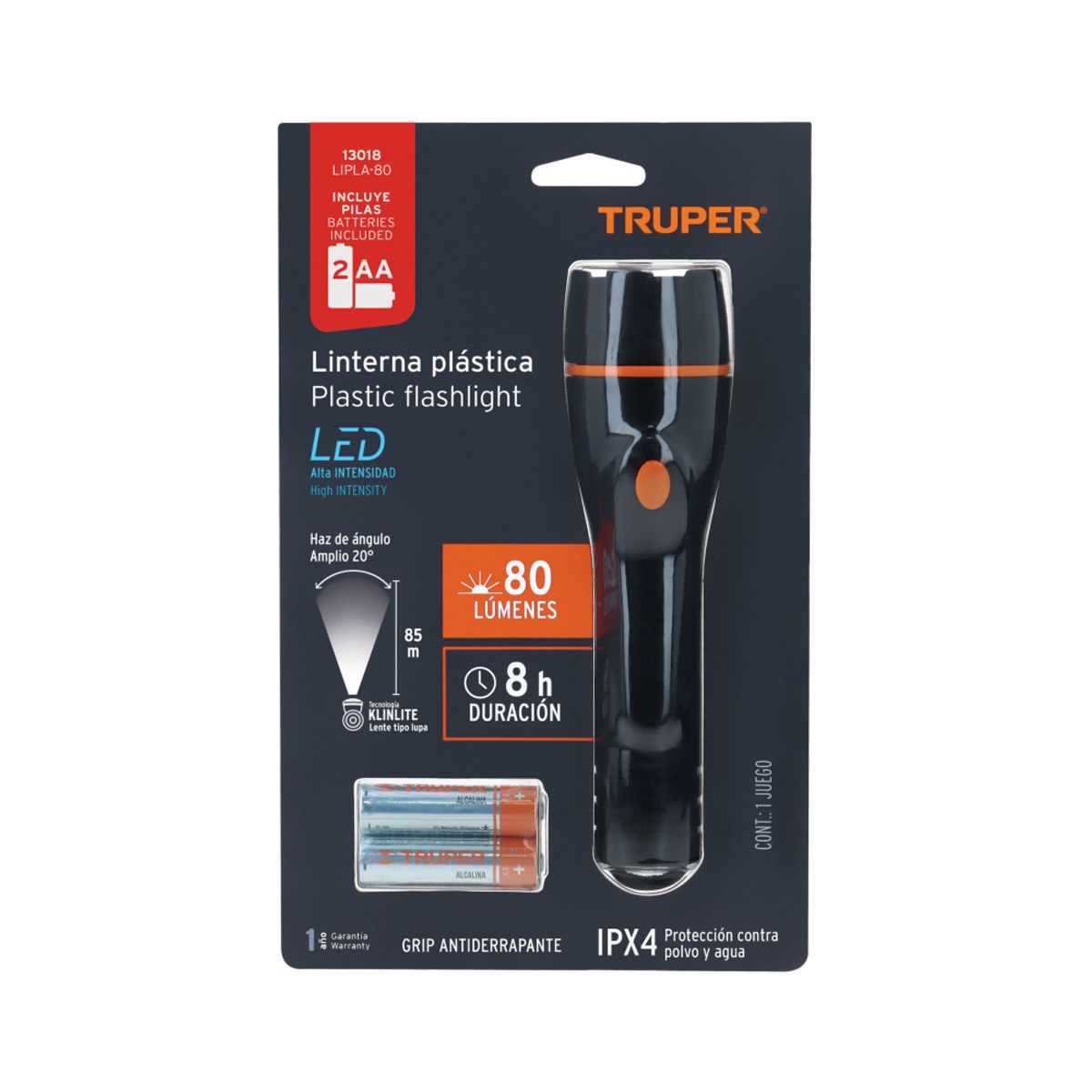 TRUPER - Linterna plástica 1 LED 80 lm con 2 pilas AA, Truper 13018