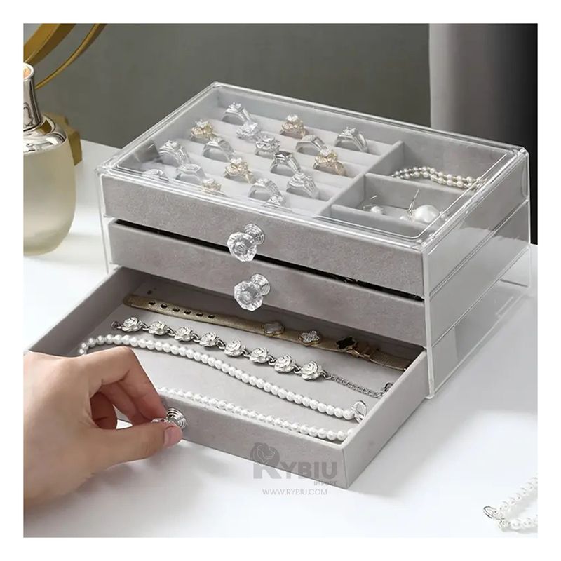 RYBIU IMPORT - Joyero 3 Niveles con Interior Suave en Coloracion Plomo