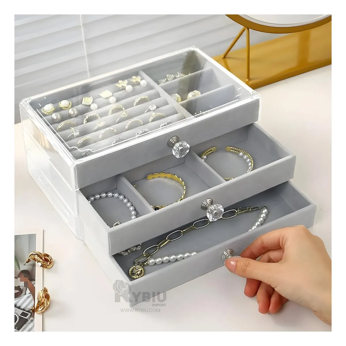 RYBIU IMPORT - Joyero de 3 Niveles en Tonalidad PlomoY+Regalo Agendita