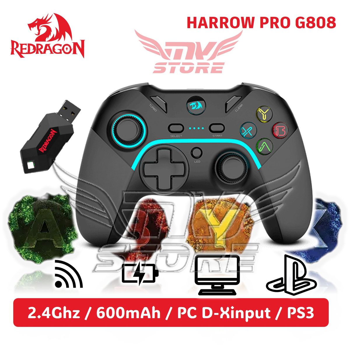 REDRAGON - Mando Inalambrico HARROW PRO G808 G808PRO PC PS3 Recargable