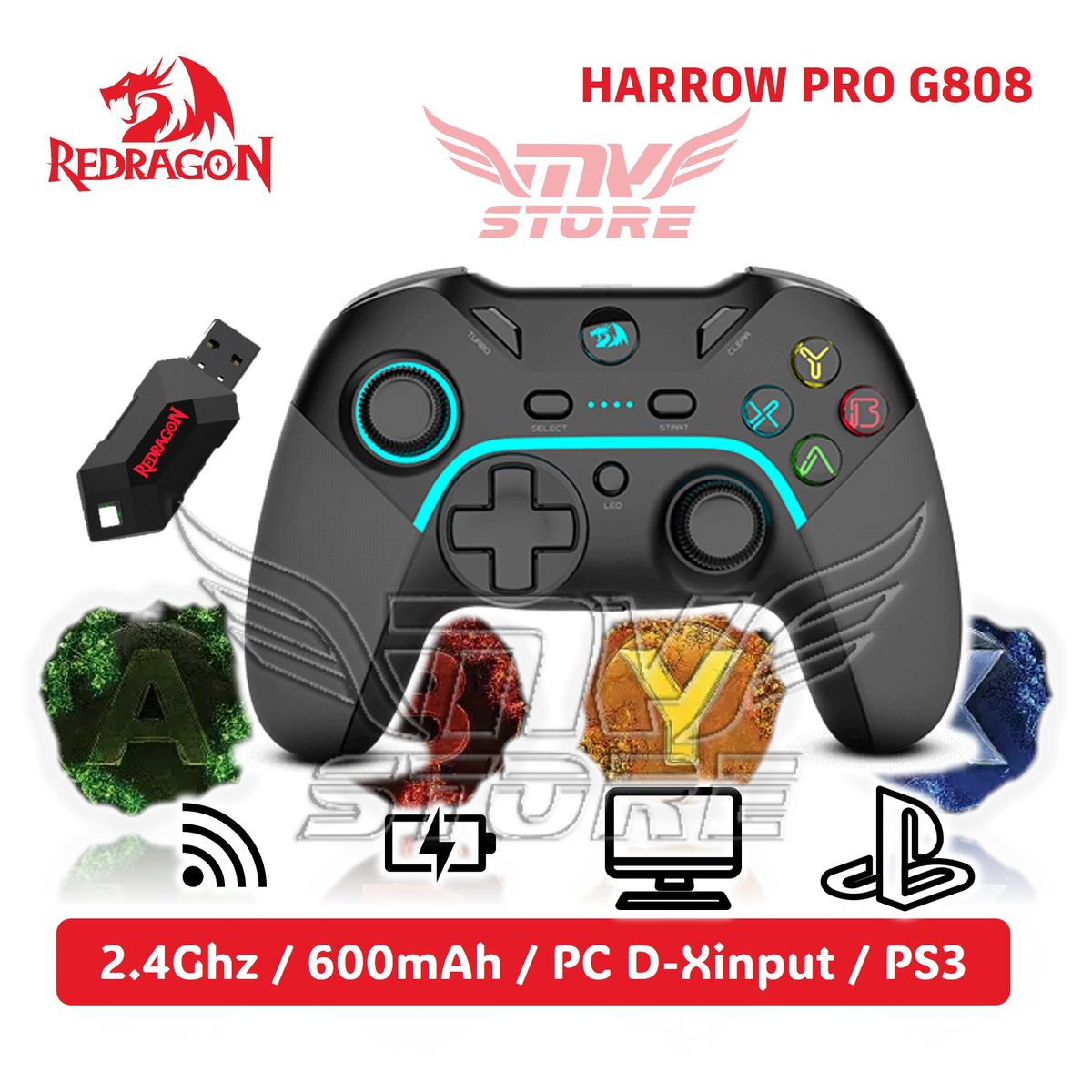 REDRAGON - Mando Inalambrico HARROW PRO G808 G808PRO PC PS3 Recargable
