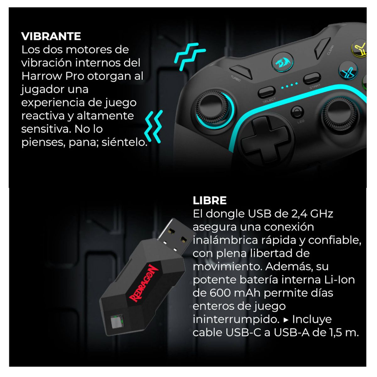 REDRAGON - Mando Inalambrico HARROW PRO G808 G808PRO PC PS3 Recargable