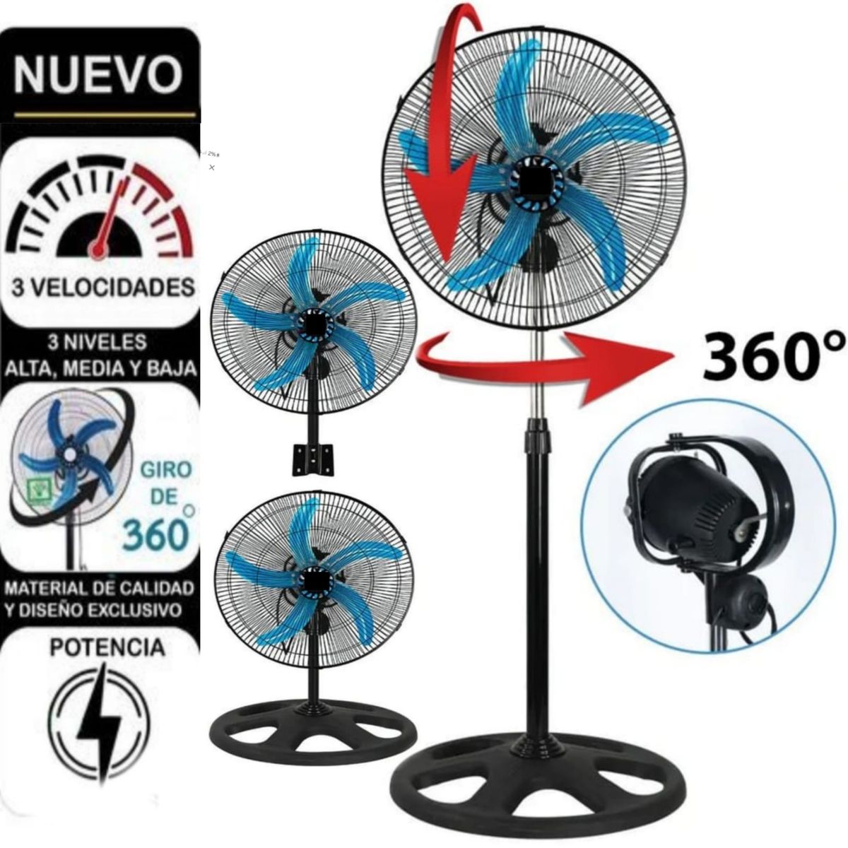 GENERICO - PACK Ventilador 3 en 1 con control 18" de 5 aspas orbital 360º