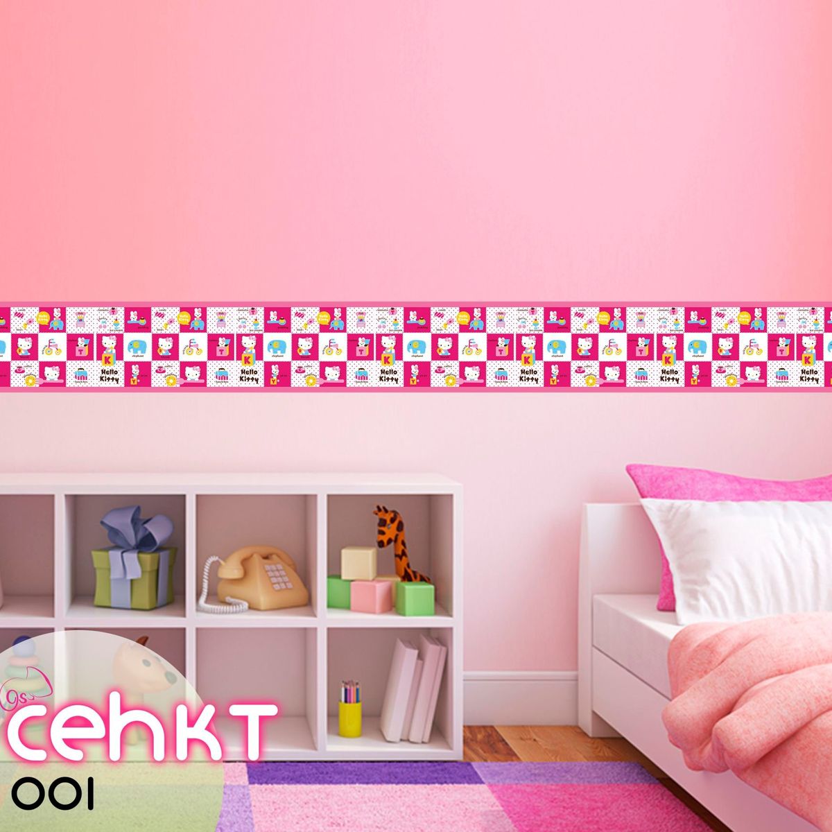 GENERICO - Cenefa Infantil Autoadhesiva para niñas – Kitty cuadros rosa – 5.92 mts