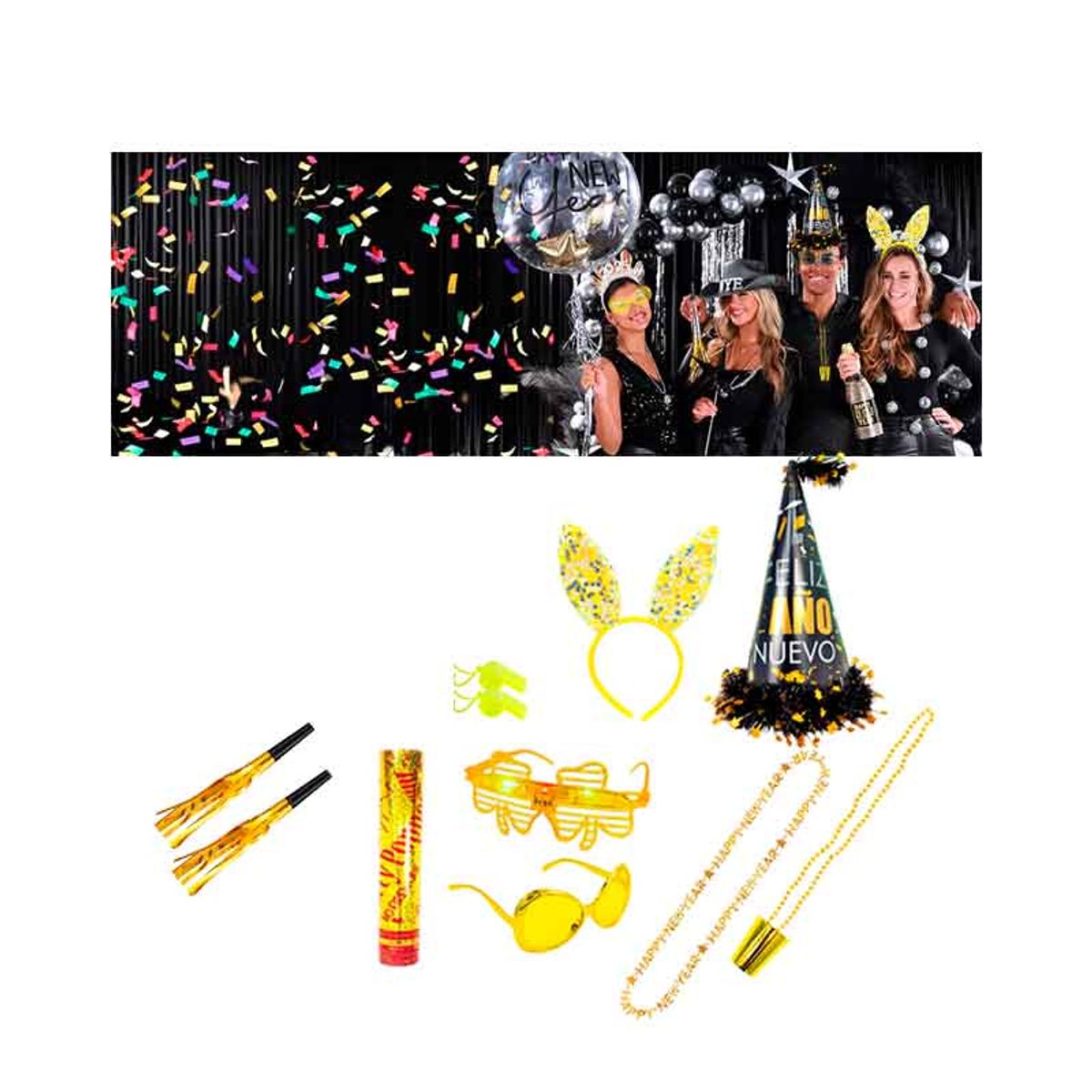 GENERICO - Cotillón Año Nuevo para 2 Adultos, incl 11 pzas Mod E